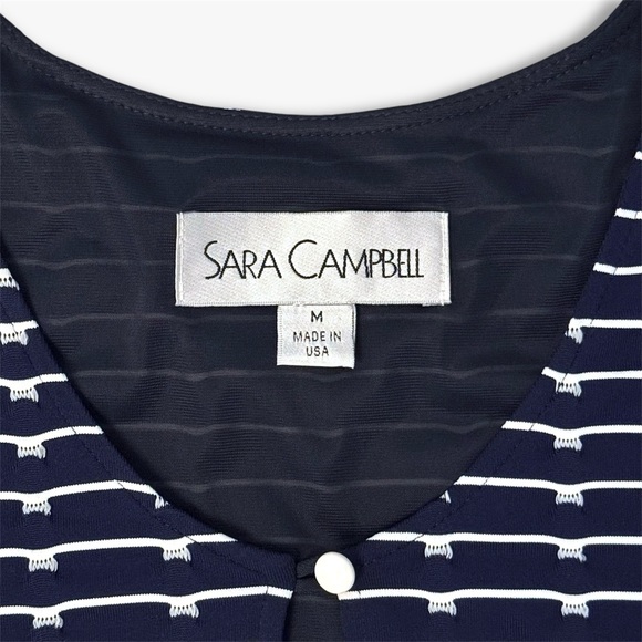 Sara Campbell Navy Stripe Shift Dress Tassel Fringe Hem Fully Lined Stretch M - Picture 2 of 13